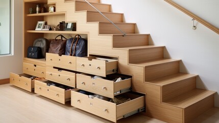Drawers and cabinets hidden under the stairs. Storage solution for small space optimizing