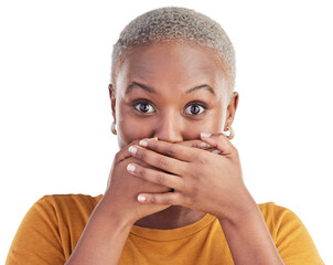 Gossip, secret or portrait of black woman shocked by deal or announcement. Wow, fake news or surprise of a female person excited for promotion or sale isolated on a transparent, png background - obrazy, fototapety, plakaty