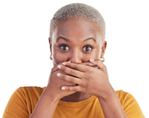 Gossip, secret or portrait of black woman shocked by deal or announcement. Wow, fake news or surprise of a female person excited for promotion or sale isolated on a transparent, png background