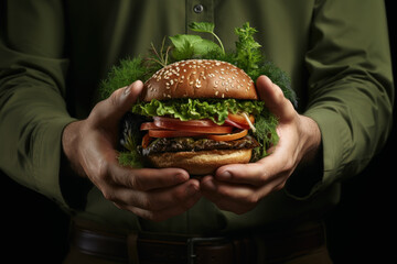 A person holding a plant-based burger, illustrating a meatless, sustainable diet. Concept of vegetarian and vegan nutrition. Generative Ai. - obrazy, fototapety, plakaty