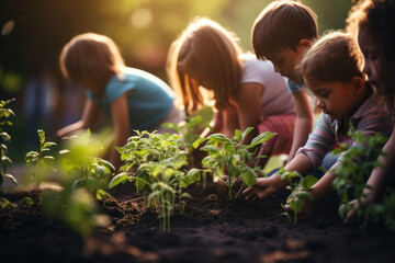 A group of children planting a vegetable garden, learning about food sources and sustainability....