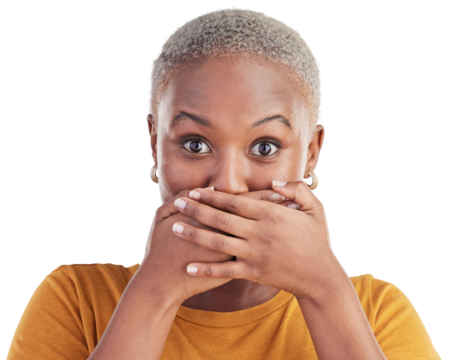 Gossip, secret or portrait of black woman shocked by deal or announcement. Wow, fake news or surprise of a female person excited for promotion or sale isolated on a transparent, png background