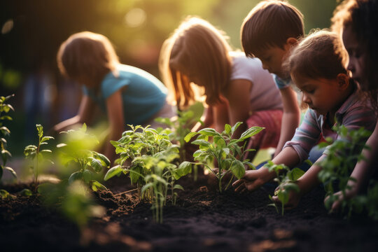 A group of children planting a vegetable garden, learning about food sources and sustainability. Concept of nutrition education for youth. Generative Ai.