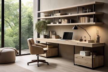 Open workspace with desk, chair and modular shelves for easy storage and high productivity