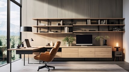 Open workspace with desk, chair and modular shelves for easy storage and high productivity