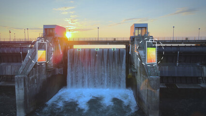 Dam hydroelectric power station at sunset collects green clean energy and charges battery digital display symbol - obrazy, fototapety, plakaty