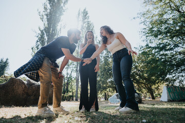 Carefree Friends Enjoying Nature in a Green City Park on a Sunny Day