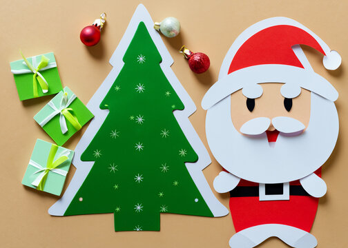 Christmas Holiday Postcard with Santa Claus and Gifts in Paper Cut Out Style