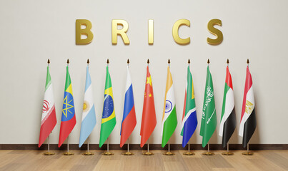 flags of BRICS is a grouping of Brazil, Russia, India, China, and South Africa  , Argentina , Egypt ,Ethiopia, Iran, Saudi Arabia ,United Arab Emirates - obrazy, fototapety, plakaty