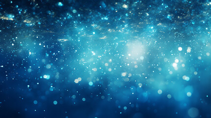 Fototapeta premium An abstract environment with tranquil aqua blue and silver particles. Iridescent underwater light shine particles bokeh on a deep ocean blue background. Silver foil texture created with AI technology