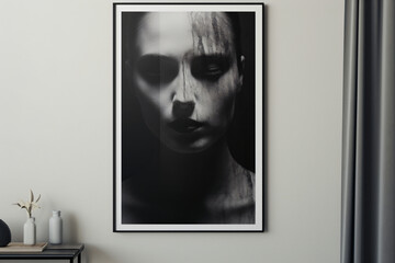 A black and white photo of a woman's face on a wall