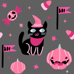Cute seamless pattern with black cat, pumpkins and candy. Vector Halloween background
