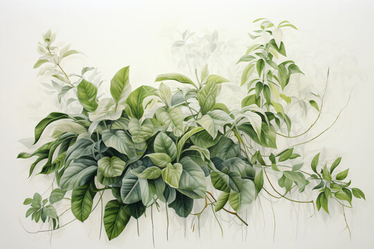 A painting of green leaves on a white wall