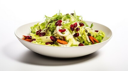 an autumn salad composed of cabbage, fennel, pumpkin seeds, and cranberries, the salad in a modern minimalist style on a pristine white background, ensuring ample empty space for text