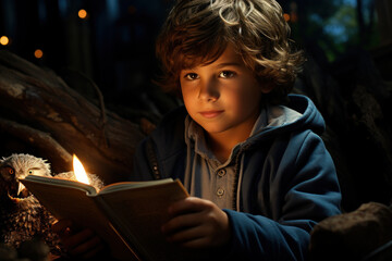 A child reading a book with a flashlight under the covers, emphasizing the right to education and...