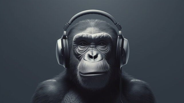 Black monkey happily playing music with headphone image AI generated art