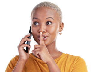 Phone call secret, black woman and finger on lips for mystery, gossip or privacy drama conversation, silence or rumor. Face, news and African person with shush gesture on transparent, png background