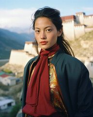 Fototapeta premium A beautiful mongolian woman wearing a red scarf and a green jacket