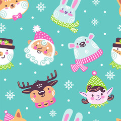 Seamless pattern with Christmas elements in doodle style vector