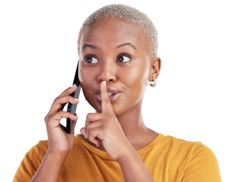 Phone call secret, black woman and finger on lips for mystery, gossip or privacy drama conversation, silence or rumor. Face, news and African person with shush gesture on transparent, png background
