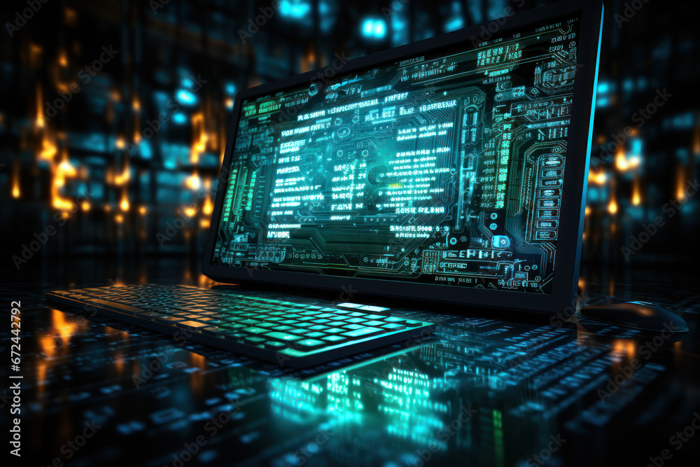 Poster encrypted code scrolling on a computer screen, illustrating the complexity of cybersecurity measures