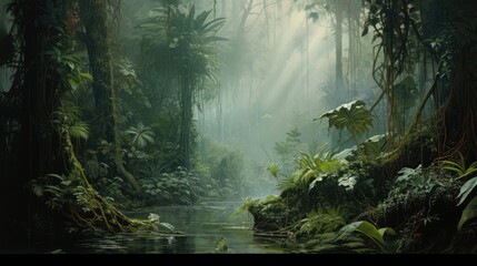  a painting of a jungle scene with a stream in the foreground and sunbeams coming through the trees.  generative ai