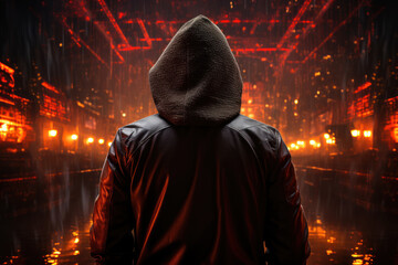 A hacker's silhouette in a hoodie, symbolizing the constant threat of cyberattacks. Generative Ai. - obrazy, fototapety, plakaty