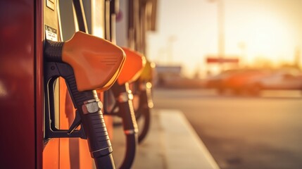 Closeup fuel nozzle with blurred outdoor gas station background - obrazy, fototapety, plakaty