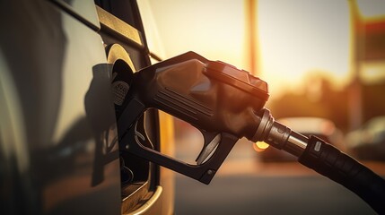 Closeup fuel nozzle refills fuel in car at gas station