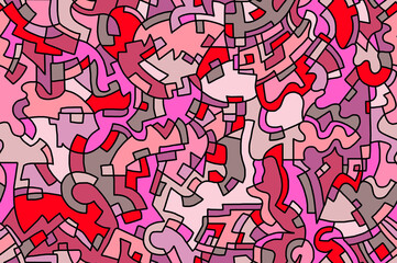 A hand-drawn drawing with black lines painted in bright colors.Seamless pattern.