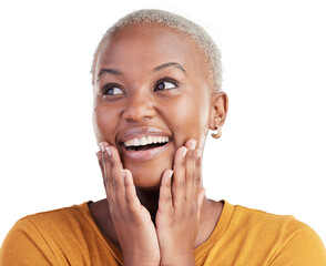 Thinking, surprise face and black woman with ideas, excited and opportunity on transparent, png background. Reaction, happiness and African person planning problem solving, inspiration and decision