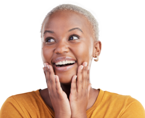 Thinking, surprise face and black woman with ideas, excited and opportunity on transparent, png background. Reaction, happiness and African person planning problem solving, inspiration and decision