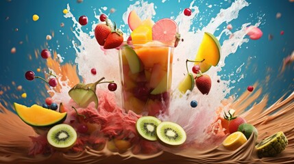  a glass of fruit juice with a splash of water on top of it and a bunch of fruit on the bottom of the glass.  generative ai