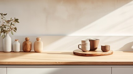 Fototapeta na wymiar a delectable croissant and a cup of coffee elegantly placed on a kitchen countertop, the scene against a minimalist interior with modern furniture