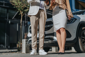 A business team discussing market analysis, sales strategies, and financial planning in an urban setting. They aim for global expansion, product innovation, and increased profitability.