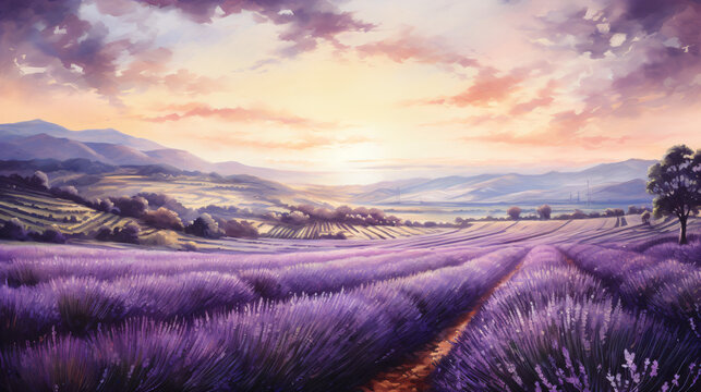 A painting of a lavender field at sunset