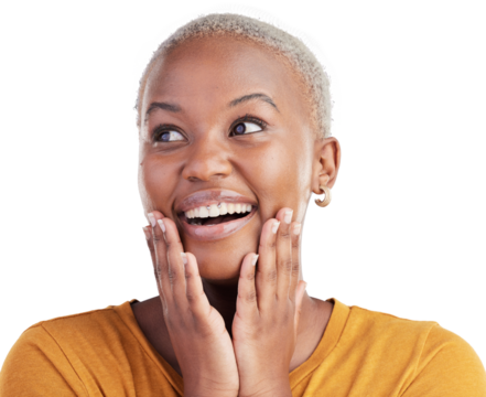Thinking, surprise face and black woman with ideas, excited and opportunity on transparent, png background. Reaction, happiness and African person planning problem solving, inspiration and decision