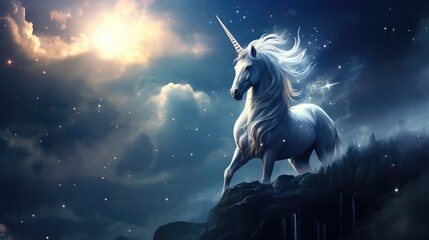  a white unicorn standing on top of a cliff under a night sky with stars and a full moon behind it.  generative ai