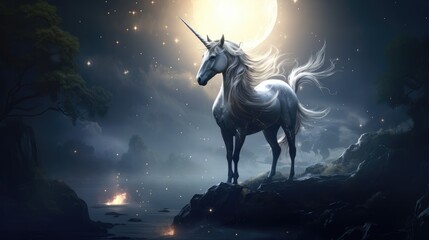 Obraz na płótnie Canvas a white unicorn standing on top of a rock next to a body of water with a full moon in the background. generative ai
