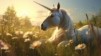 Obraz na płótnie Canvas a unicorn laying in a field of daisies with a long horn on it's head, with the sun shining in the background. generative ai