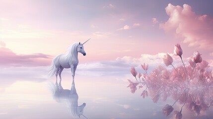  a unicorn standing in the middle of a body of water with pink flowers in the foreground and clouds in the background.  generative ai