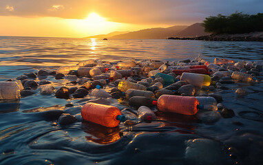 spazzatura inquinante di pezzi di plastica e bottiglie nel mare, concetto di inquinamento da plastica - obrazy, fototapety, plakaty