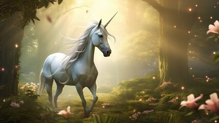  a white unicorn standing in the middle of a forest surrounded by pink flowers and a forest - like area with lots of trees and flowers.  generative ai