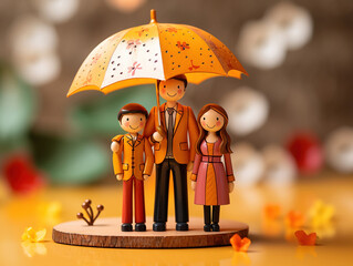 Obraz na płótnie Canvas modellino in legno di Famiglia felice sotto l'ombrello, sfondo sfocato con luci magiche, concetto di relazioni e amore e protezione per la famiglia, assicurazione