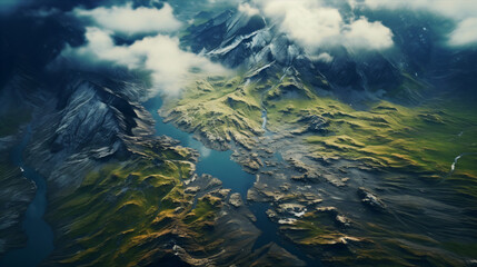An aerial view of a mountain range in the clouds