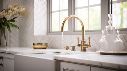 a luxury kitchen sink, the intricate herringbone backsplash tiles, the pristine white marble countertop, and the opulent gold faucet, the elegance of this kitchen design.