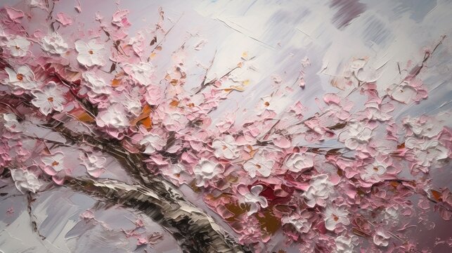 Blooming japanese cherry trees wall acrylic paintings wallpaper image AI generated art