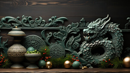 Carved green wooden silhouette of a dragon with fir branches on a dark wooden background