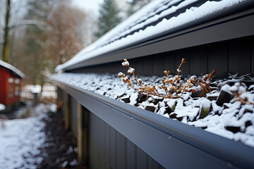 Clogged gutter on the roof with dirt, debris and fallen leaves does not allow rainwater to drain properly. - obrazy, fototapety, plakaty