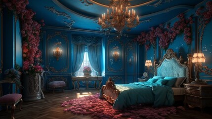 Obraz na płótnie Canvas Blue enchanted rose bedroom extravagant bedroom Ai generated art